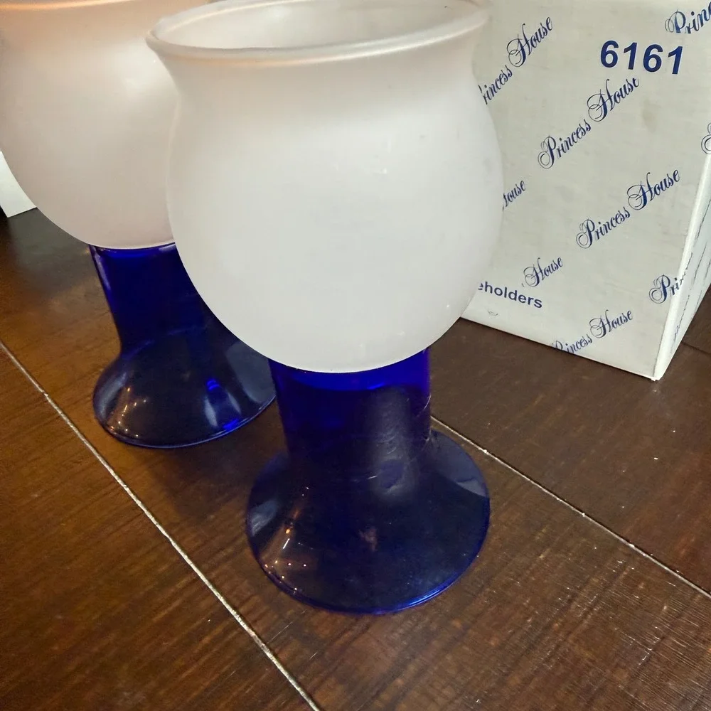 Princess House Tealight Candle Fairy Lamp Set Cobalt Blue Frosted Crystal 6161
